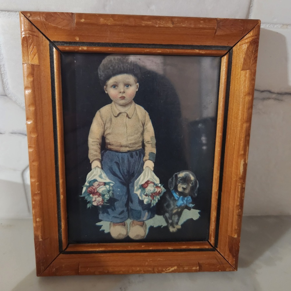 Antique 1940s Framed Print Boy With Puppy Flowers Retro‎ Wall Art Decor